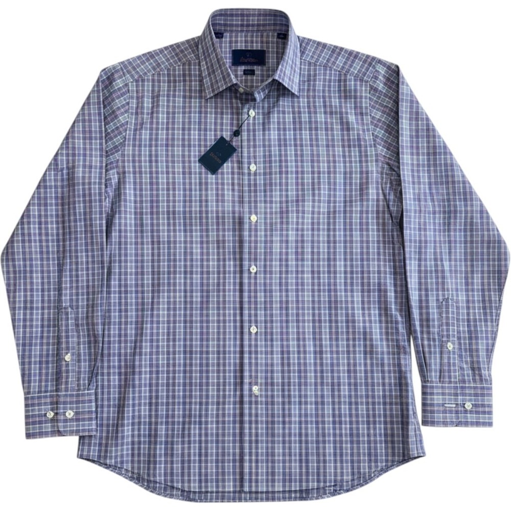 NWT David Donahue Mens Trim Fit Plaid Dress Shirt Blue Purple 16 34/35